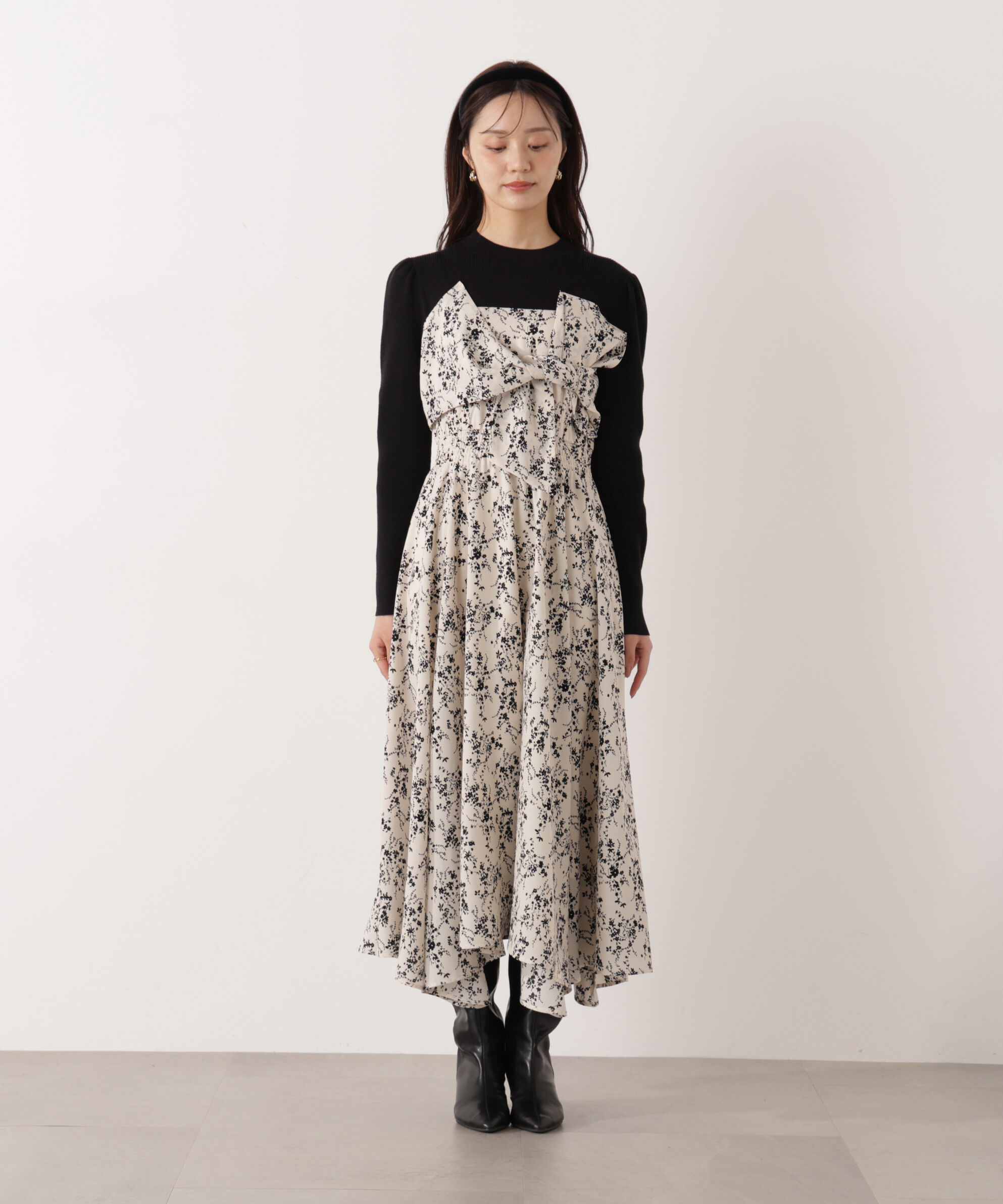 PROPORTION BODY DRESSING「フロントリボン花柄ドッキングワンピース　26SS」|ワンピース|