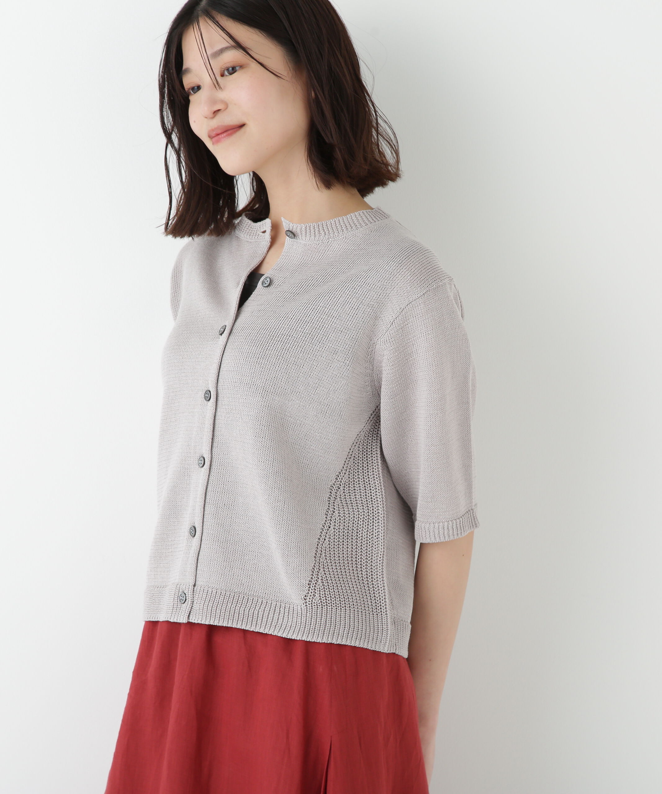  「◆ミドルゲージギマクルーネック半袖カーディガン」|ニット・セーター|