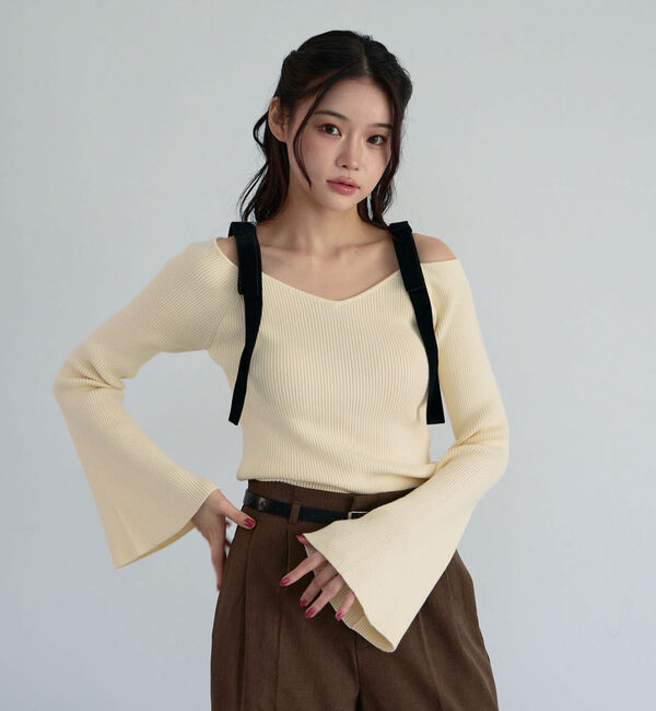 archives「ベロア肩リボンオフショルニットプルオーバー」|ニット・セーター|