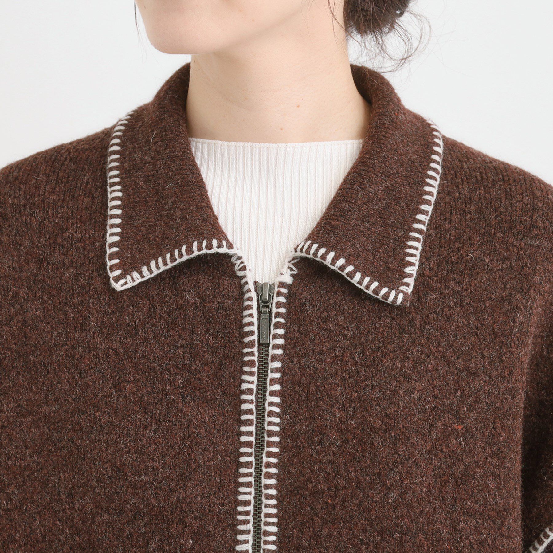 SHOO･LA･RUE「配色ステッチがポイント 襟付きジップニットカーディガン」|カーディガン|