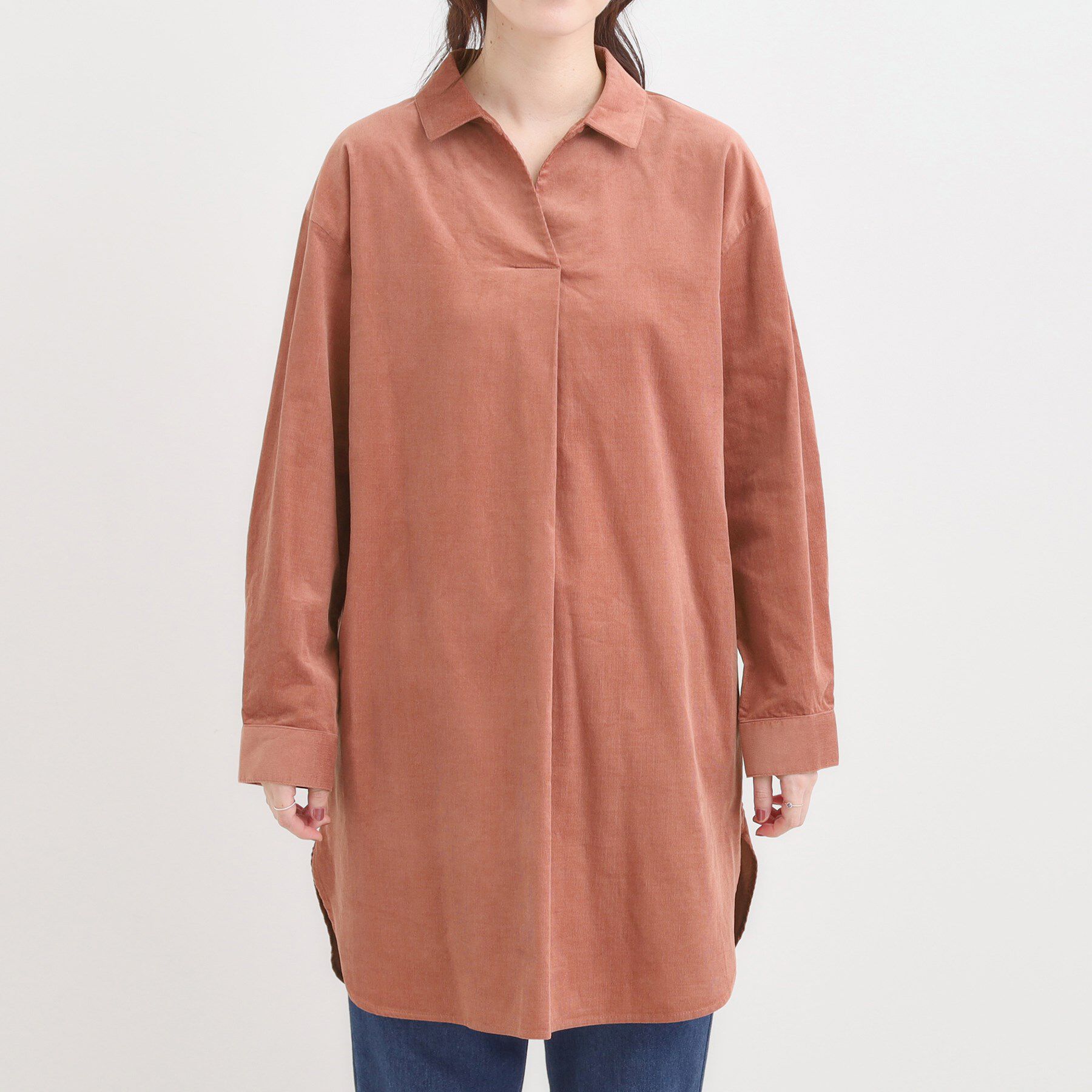 SHOO･LA･RUE「【洗濯機可/S-LL】すっきり見えにこだわった コーデュロイチュニックワンピース」|チュニック|