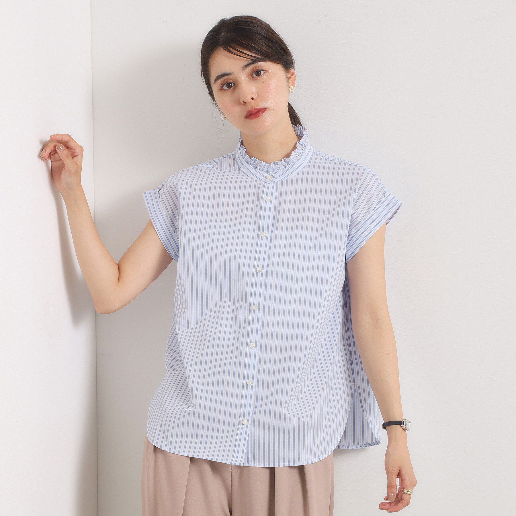 ITS&rsquo;DEMO「【手洗い可】スタンドフリルストライプブラウス」|シャツ・ブラウス|