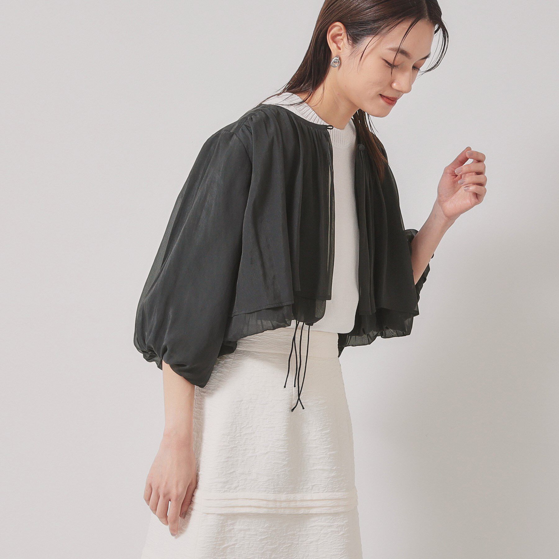 SunaUna「【パウダーシフォン／バルーンスリーブ】クロプトブルゾン」|ブルゾン・スタジャン|ブラック(019)