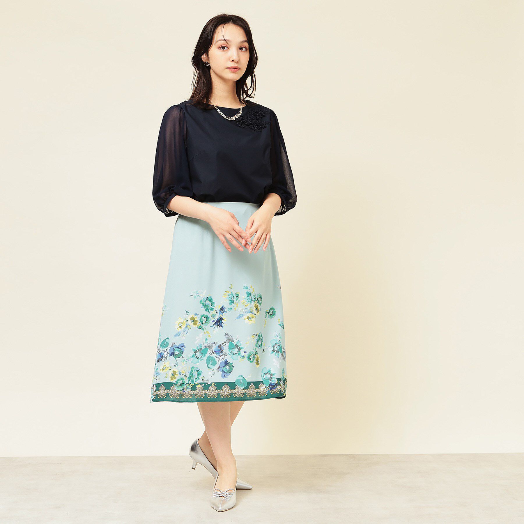 SunaUna「【フラワーモチーフ付き／袖シフォン】肘下丈ブラウス」|シャツ・ブラウス|