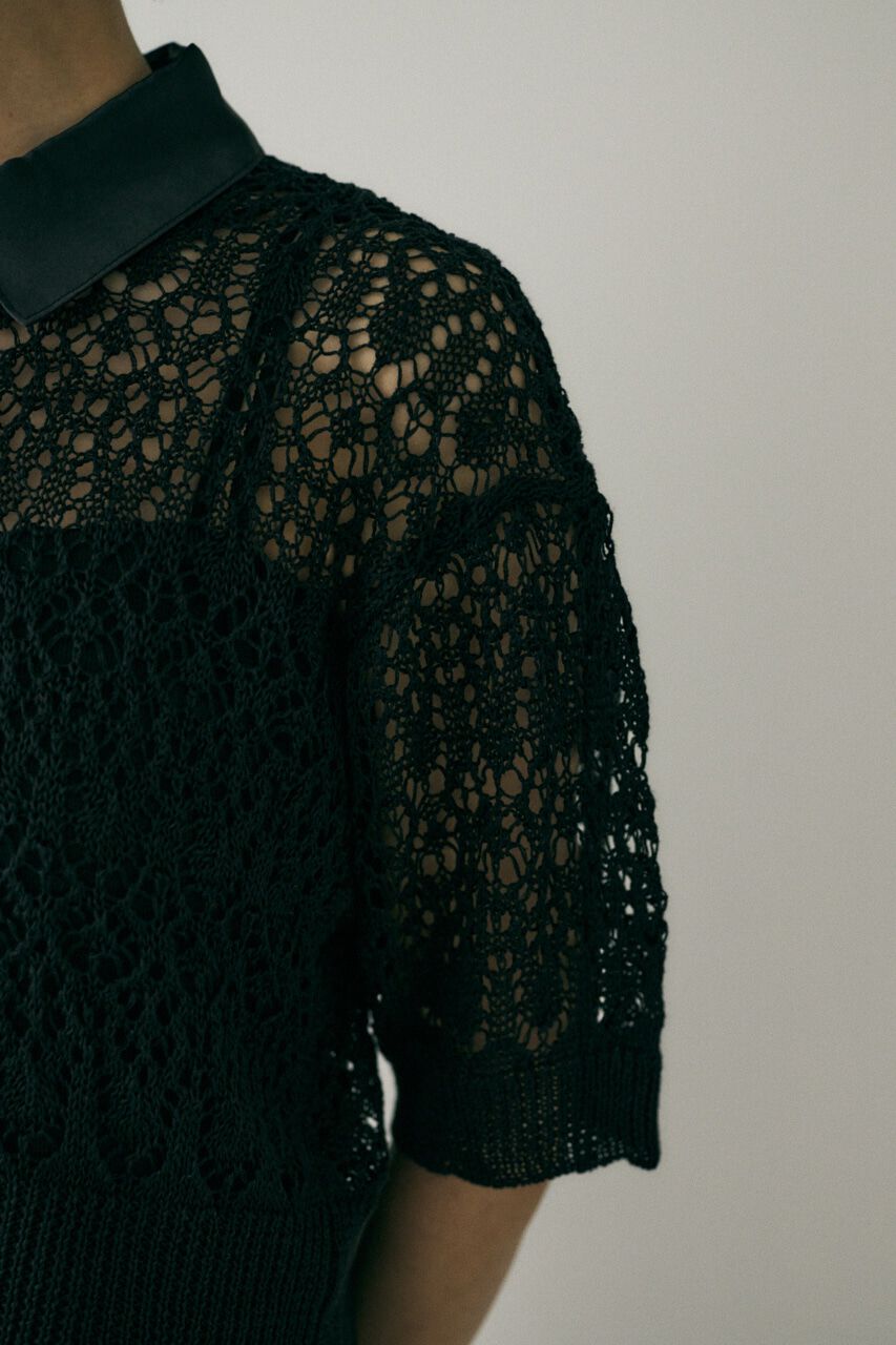 MOUSSY「吸湿､速乾性のある麻を使用したﾚｰｽ編みﾆｯﾄ 襟と前立てをｻﾃﾝで」|シャツ・ブラウス|