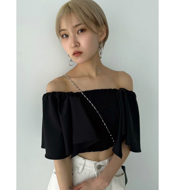 EMODA「ペタルスリーブショートトップ」|Tシャツ・カットソー|ブラック