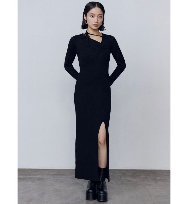 EMODA「チョーカーギャザーフィットニットワンピース」|ワンピース|ブラック