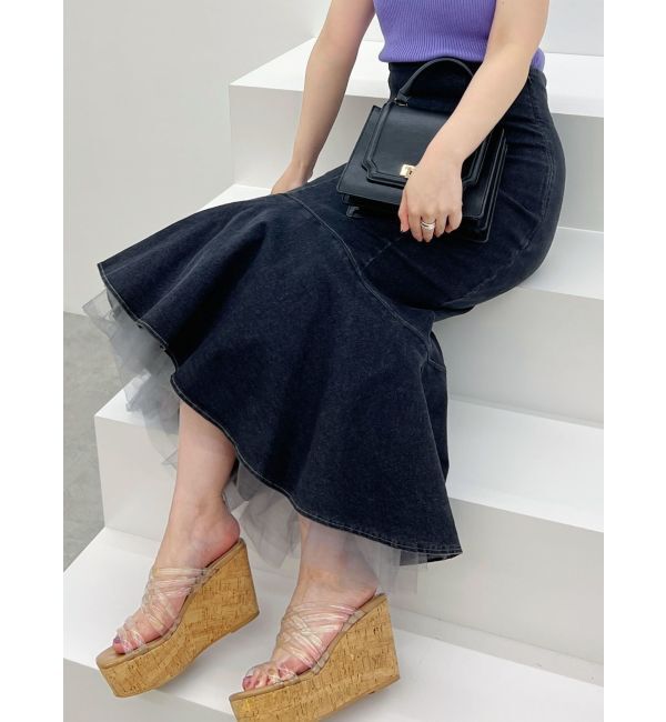 MERCURYDUO「デニムチュールマーメイドスカート」|スカート|ブラック