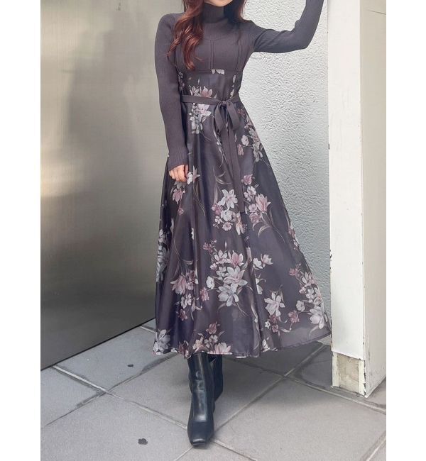 MERCURYDUO「フラワードッキングコルセットワンピース」|ワンピース|チャコールグレー