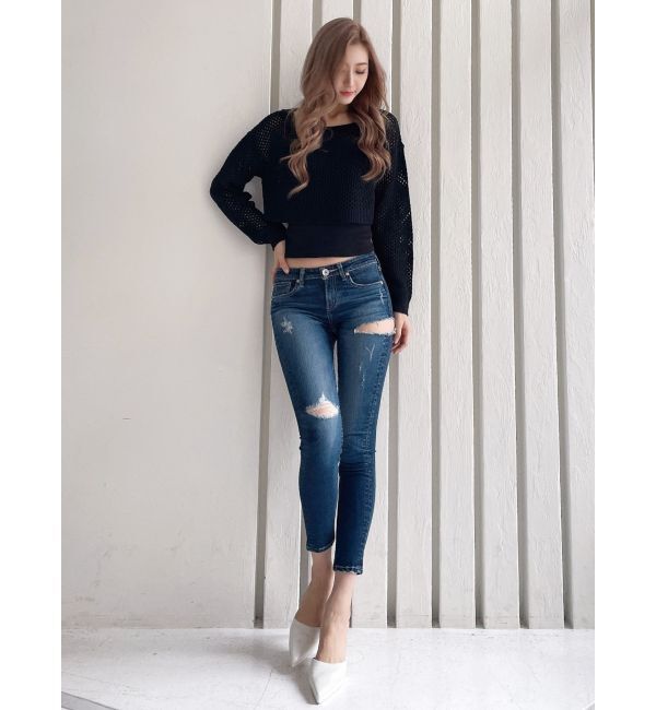 GYDA「ジャストウエストSIDE RIPPEDスキニーデニムパンツ」|デニム|