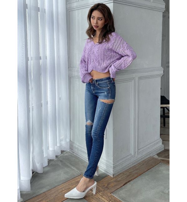 GYDA「ジャストウエストSIDE RIPPEDスキニーデニムパンツ」|デニム|