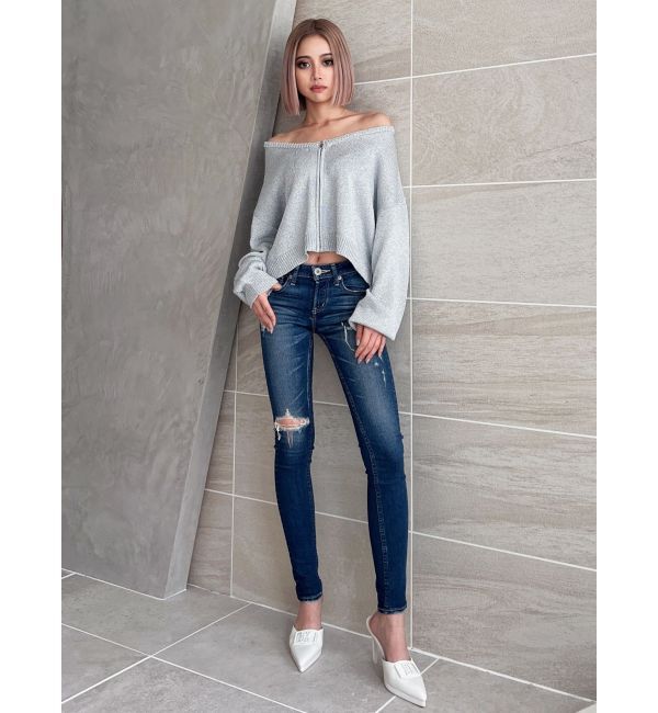 GYDA「ジャストウエストSIDE RIPPEDスキニーデニムパンツ」|デニム|