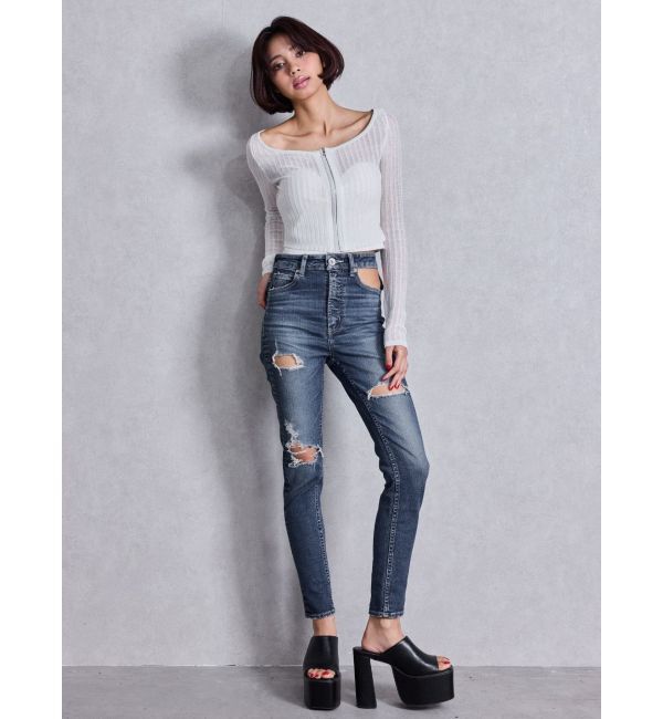 GYDA「ハイウエストcut out poketダメージスキニーデニムパンツ」|デニム|