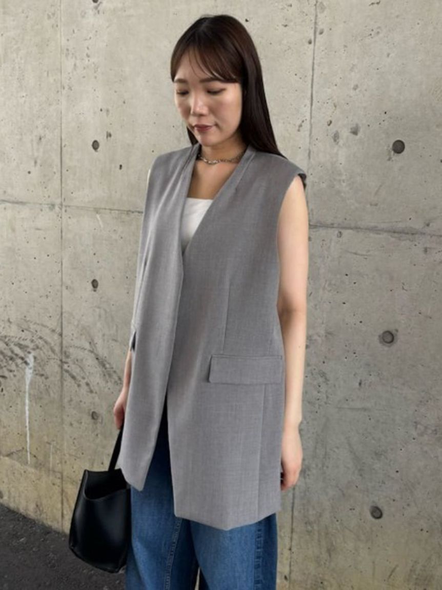 Mila Owen「ソリッドノーカラーロングベスト」|ダウンベスト・ベスト|