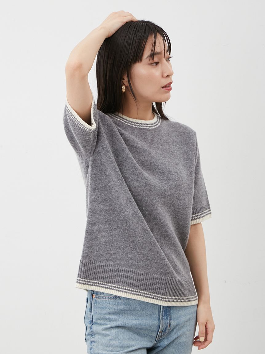 Mila Owen「配色ラインミドルゲージハーフスリーブニット」|ニット・セーター|