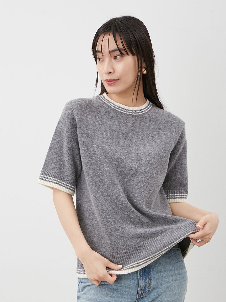 Mila Owen「配色ラインミドルゲージハーフスリーブニット」|ニット・セーター|GRY
