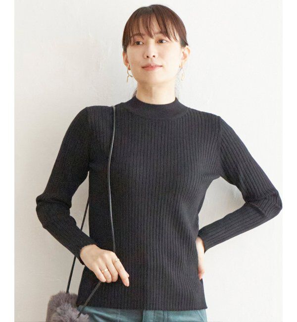 ikka「抗菌モックネックリブニット」|プルオーバー|ブラック