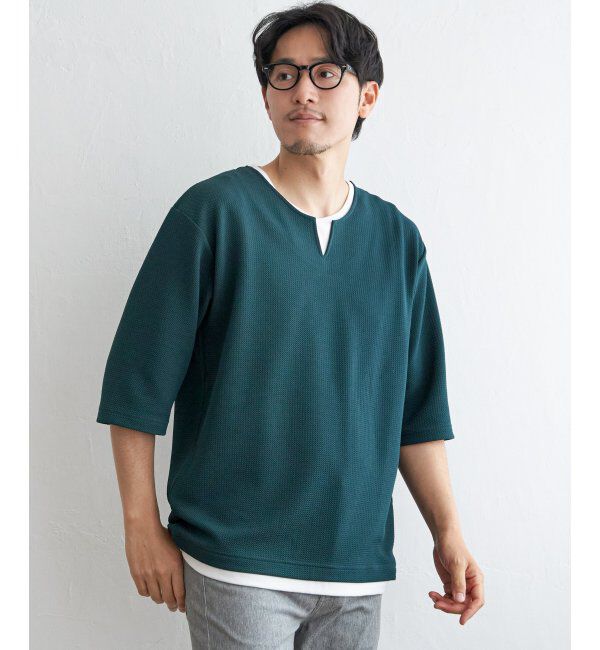 ikka「キーネックレイヤード7分袖Tシャツ」|Tシャツ・カットソー|グリーン