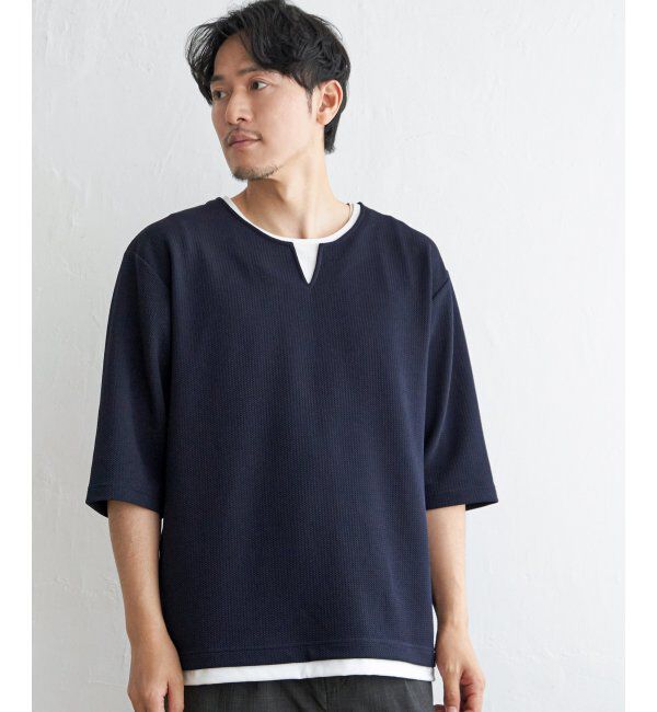 ikka「キーネックレイヤード7分袖Tシャツ」|Tシャツ・カットソー|ネイビーブルー