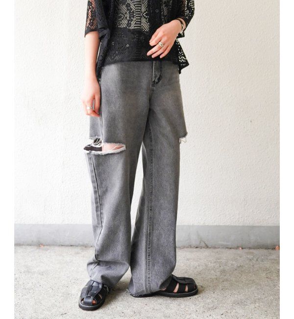 VENCE share style「サイドカットスリットストレートパンツ」|デニム|ブラック