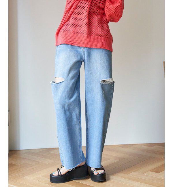 VENCE share style「サイドカットスリットストレートパンツ」|デニム|スカイブルー