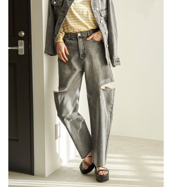 VENCE share style「サイドカットスリットストレートパンツ」|デニム|