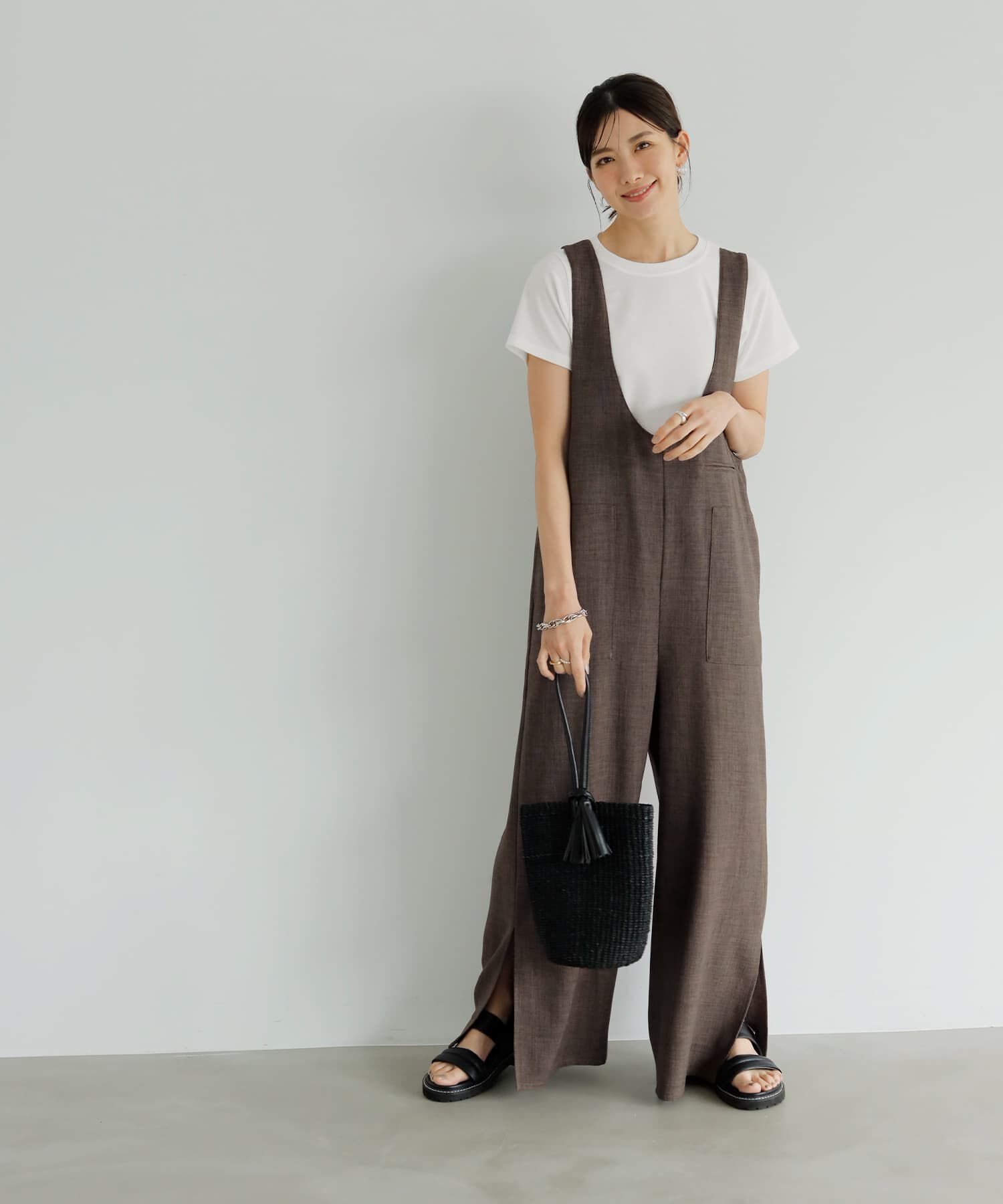 STYLE DELI「綾織り裾スリットサロペット」|オールインワン|セピアミックス