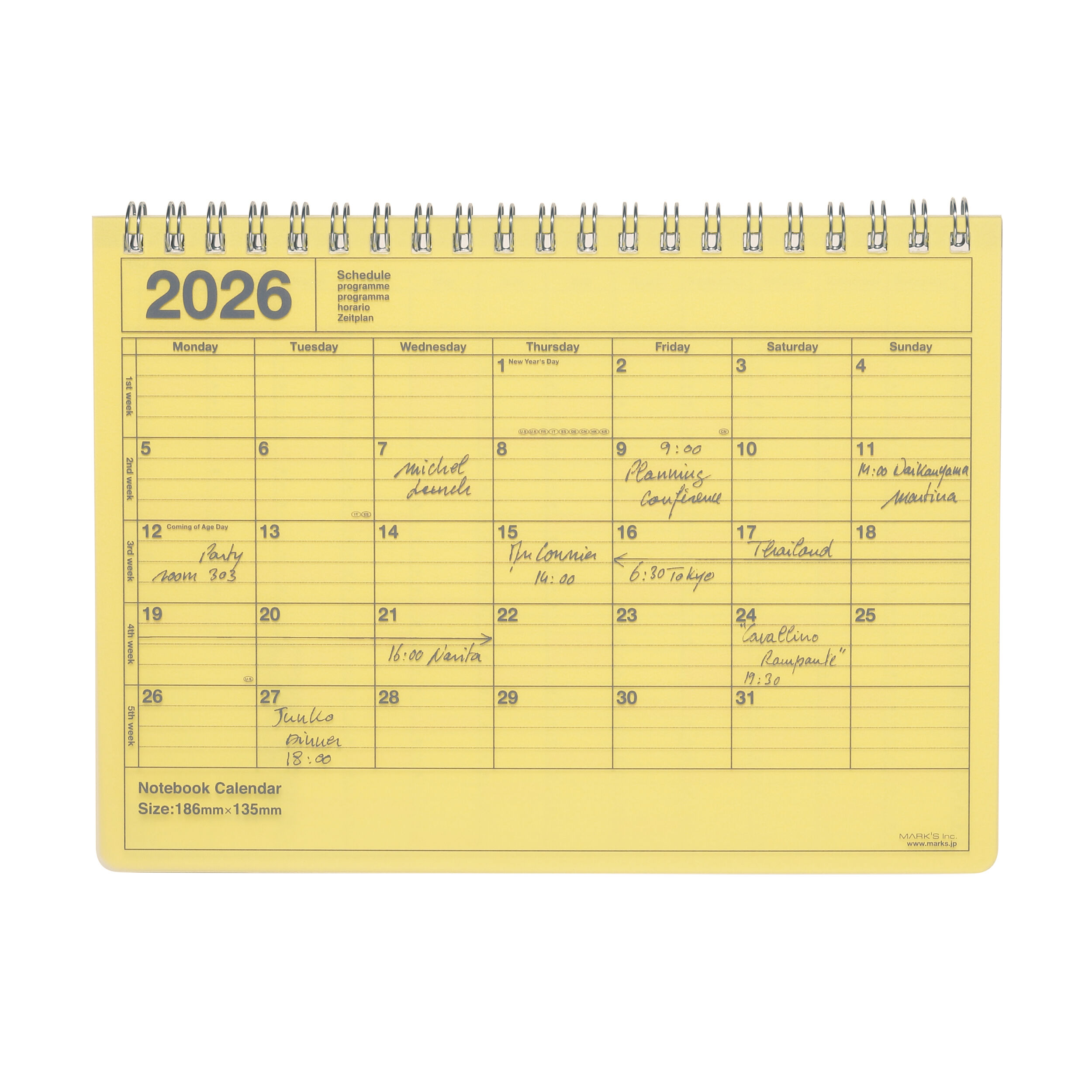  「2026 スケジュール帳 2026年1月始まり 月間ブロック B6変型 ノートブックカレンダー・S」|ステーショナリー|イエロー