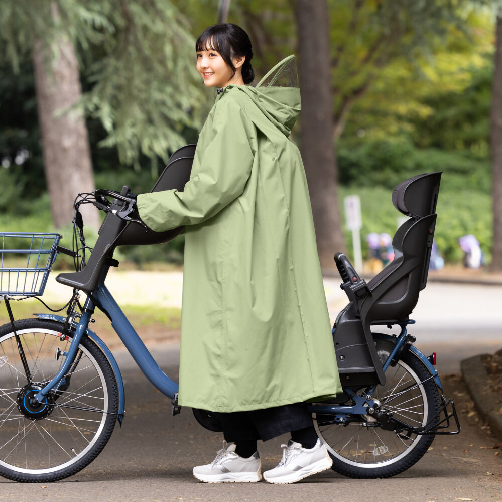 BACKYARD FAMILY「レインコート レディース 自転車 リュック対応 通販 レイン コート カッパ かっぱ 雨合羽」|レインコート|グリーン1