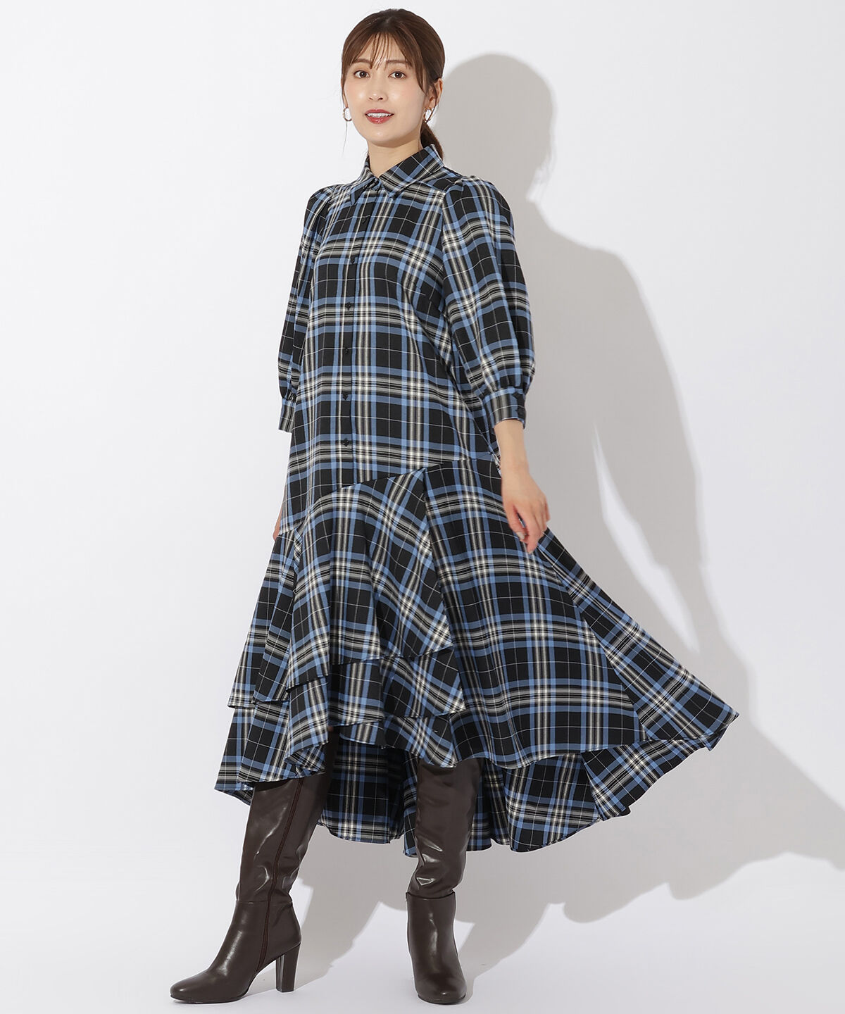 アンドクチュール「裾切替フリルシャツワンピース」|ワンピース|紺系チェック