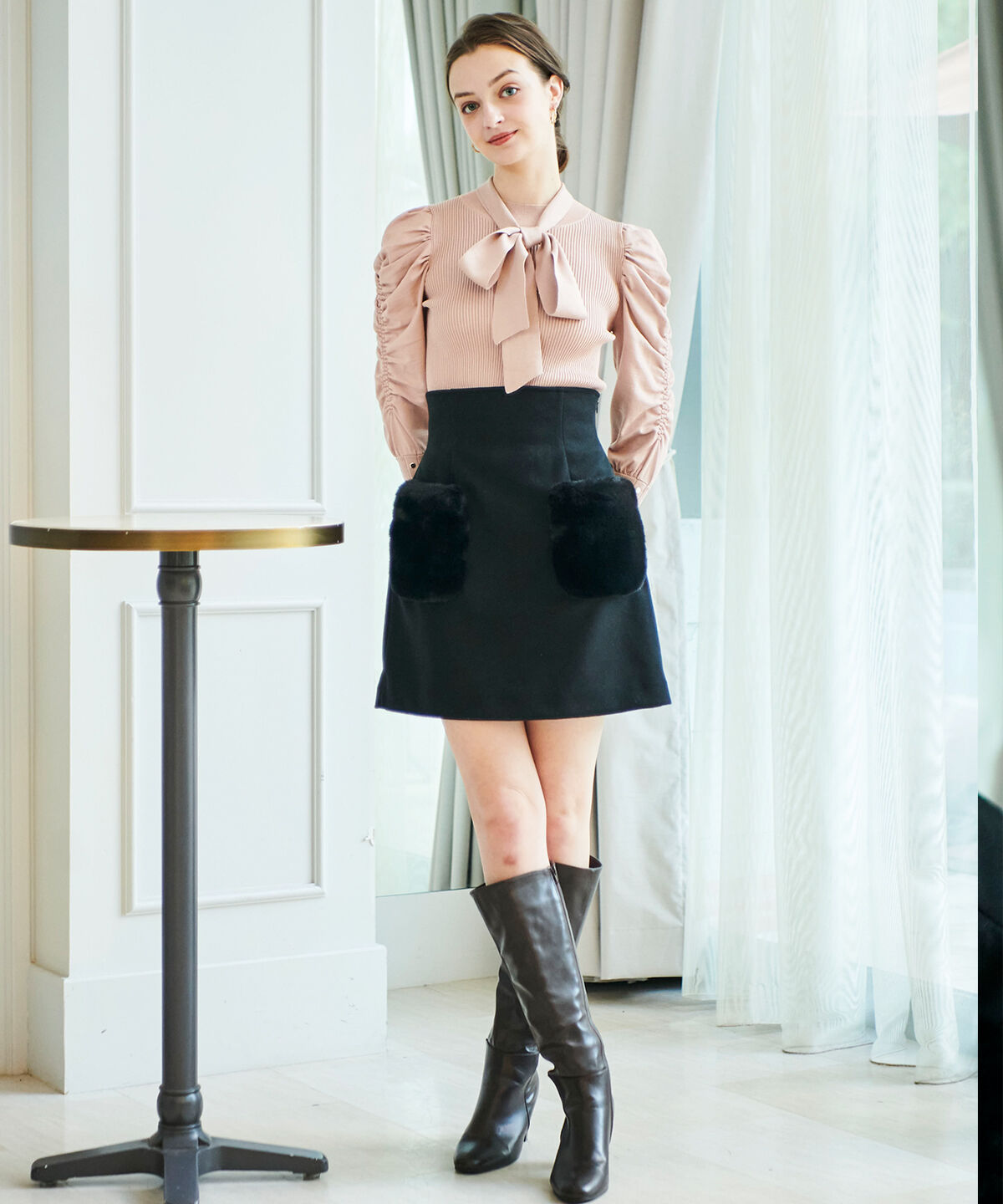 アンドクチュール「ウールライクポケファーミニスカート」|台形|ブラック