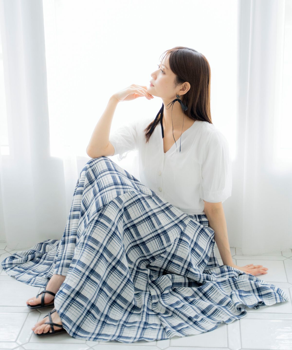 アンドクチュール「ウエストリブチェックフレアスカート」|フレア|