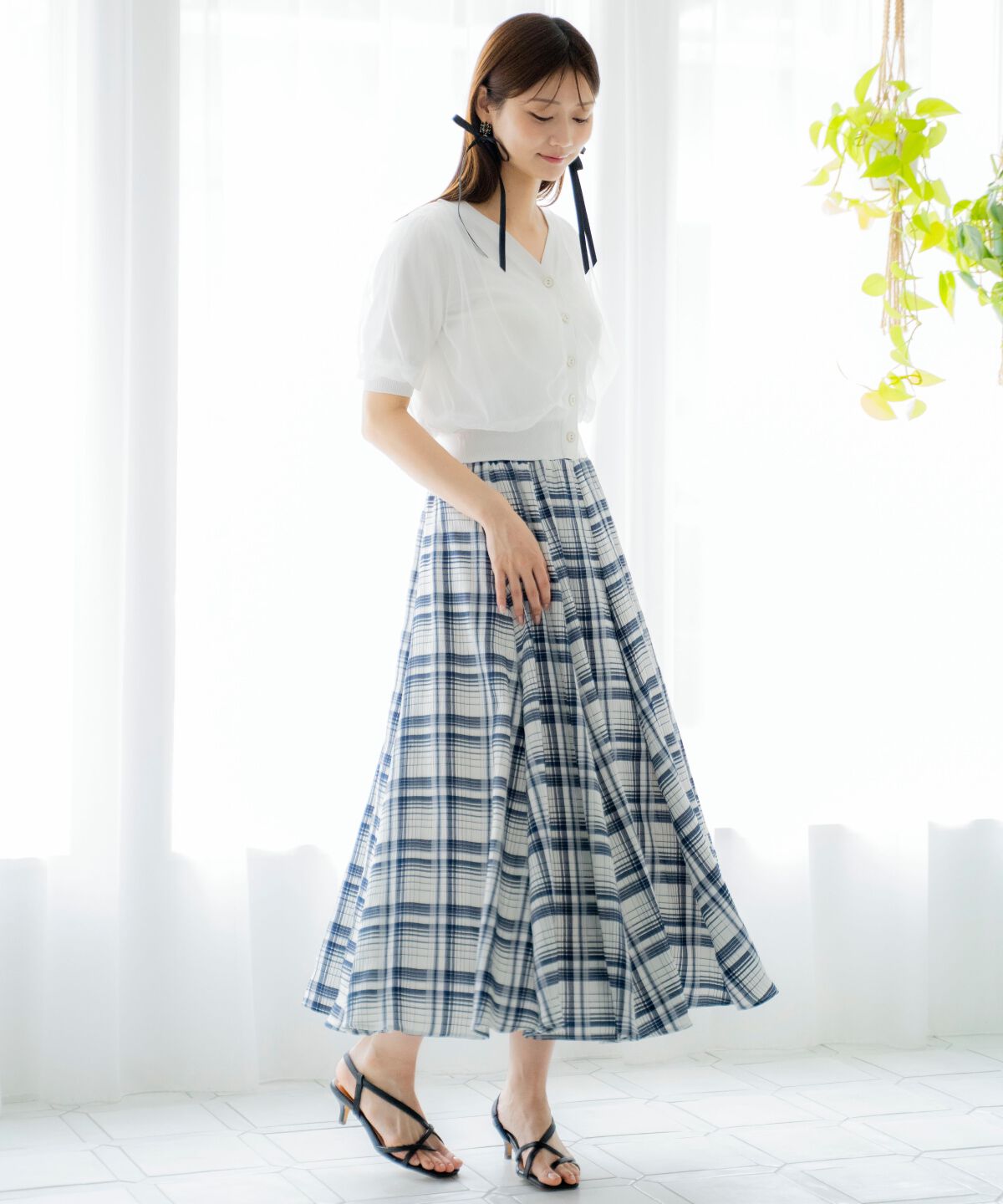 アンドクチュール「ウエストリブチェックフレアスカート」|フレア|