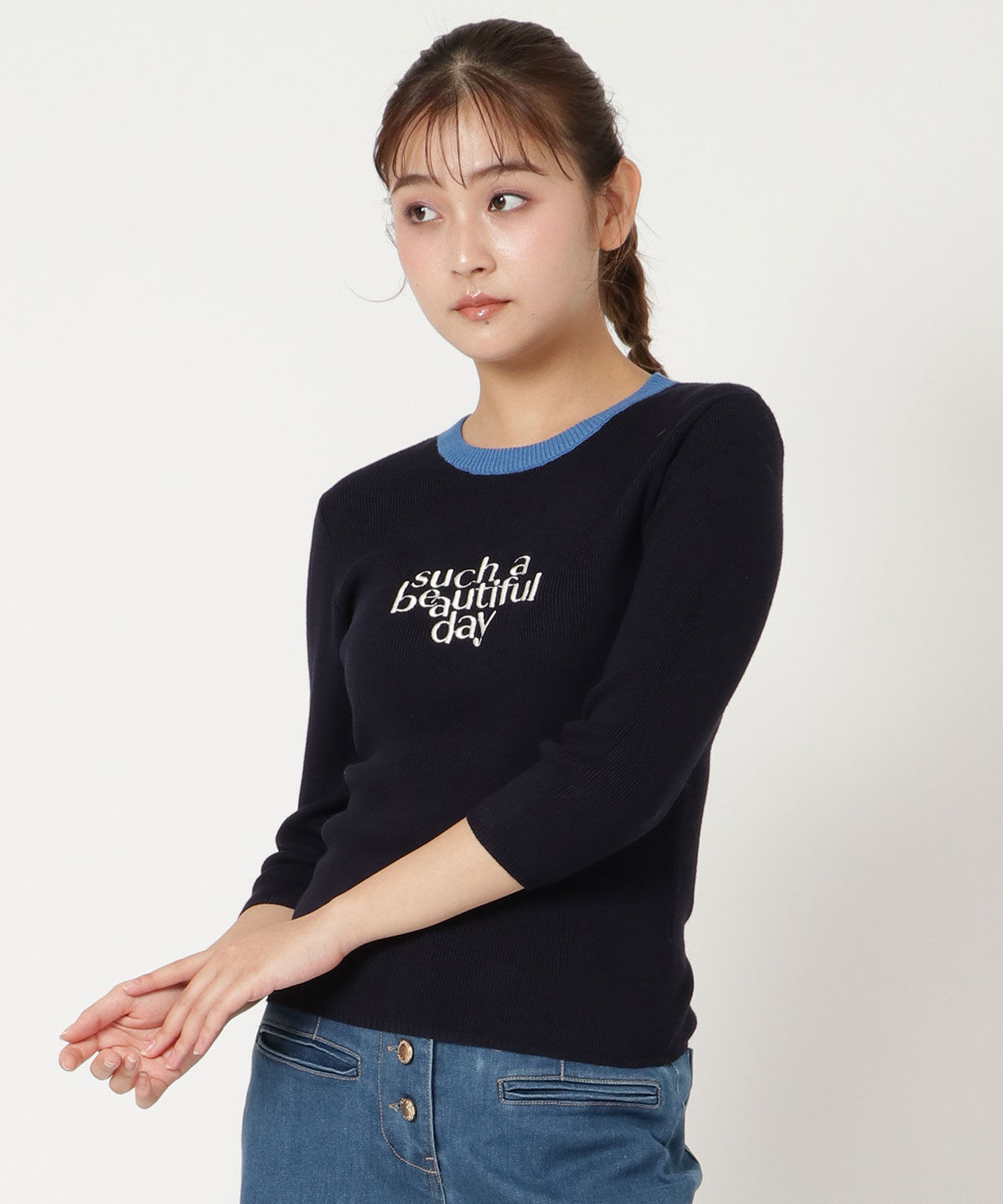 REDYAZEL「sucha刺繍ニット5分袖プルオーバー」|Tシャツ・カットソー|