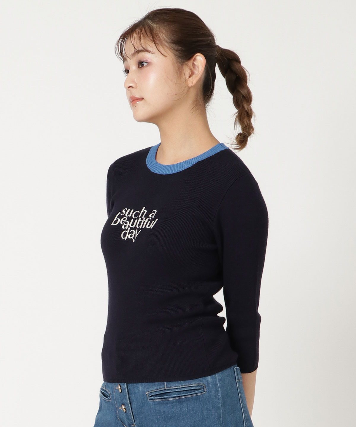 REDYAZEL「sucha刺繍ニット5分袖プルオーバー」|Tシャツ・カットソー|