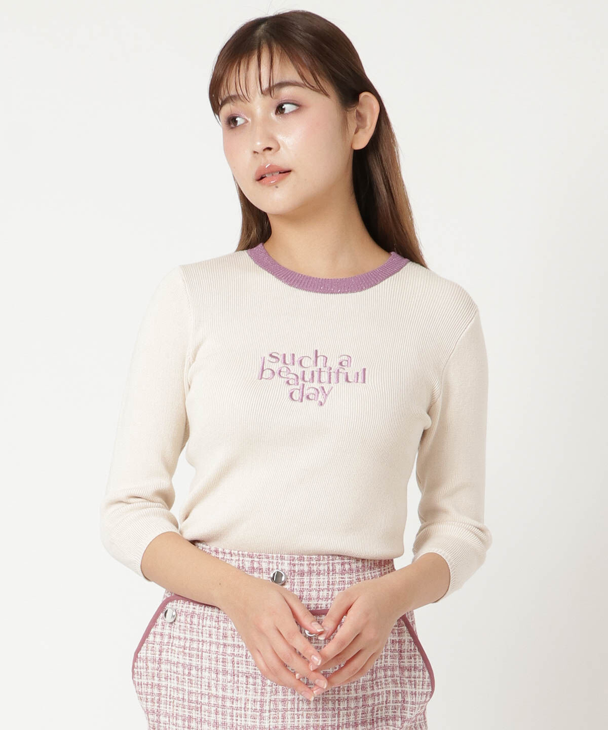 REDYAZEL「sucha刺繍ニット5分袖プルオーバー」|Tシャツ・カットソー|パープル