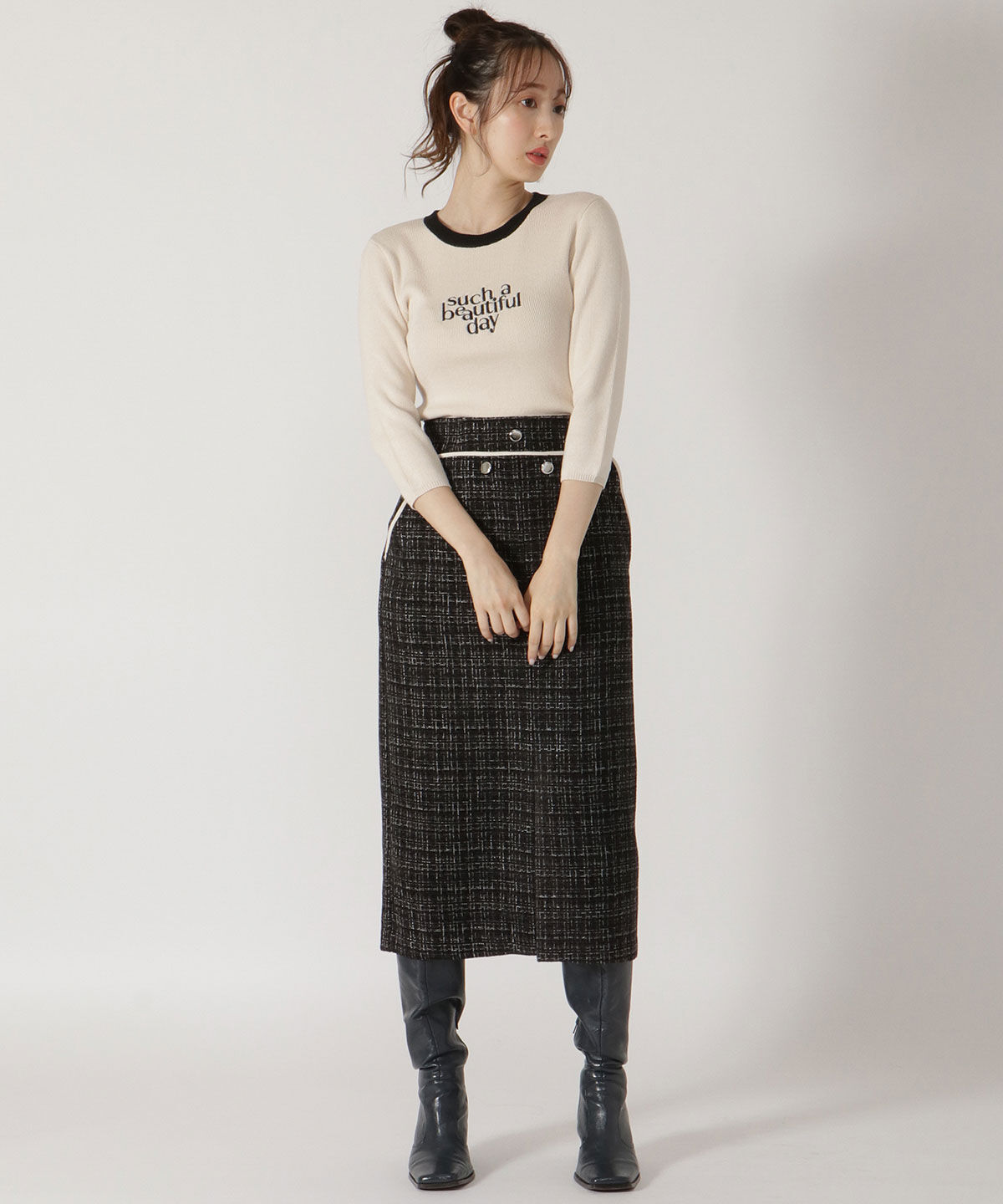 REDYAZEL「sucha刺繍ニット5分袖プルオーバー」|Tシャツ・カットソー|