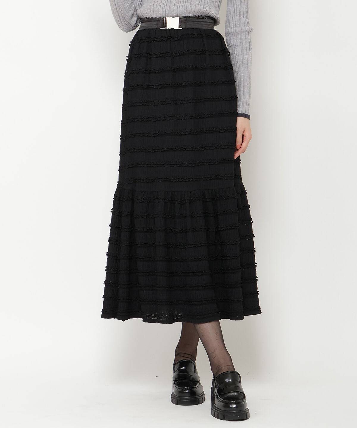 REDYAZEL「ベルトつきボーダーフリルスカート」|フレア|