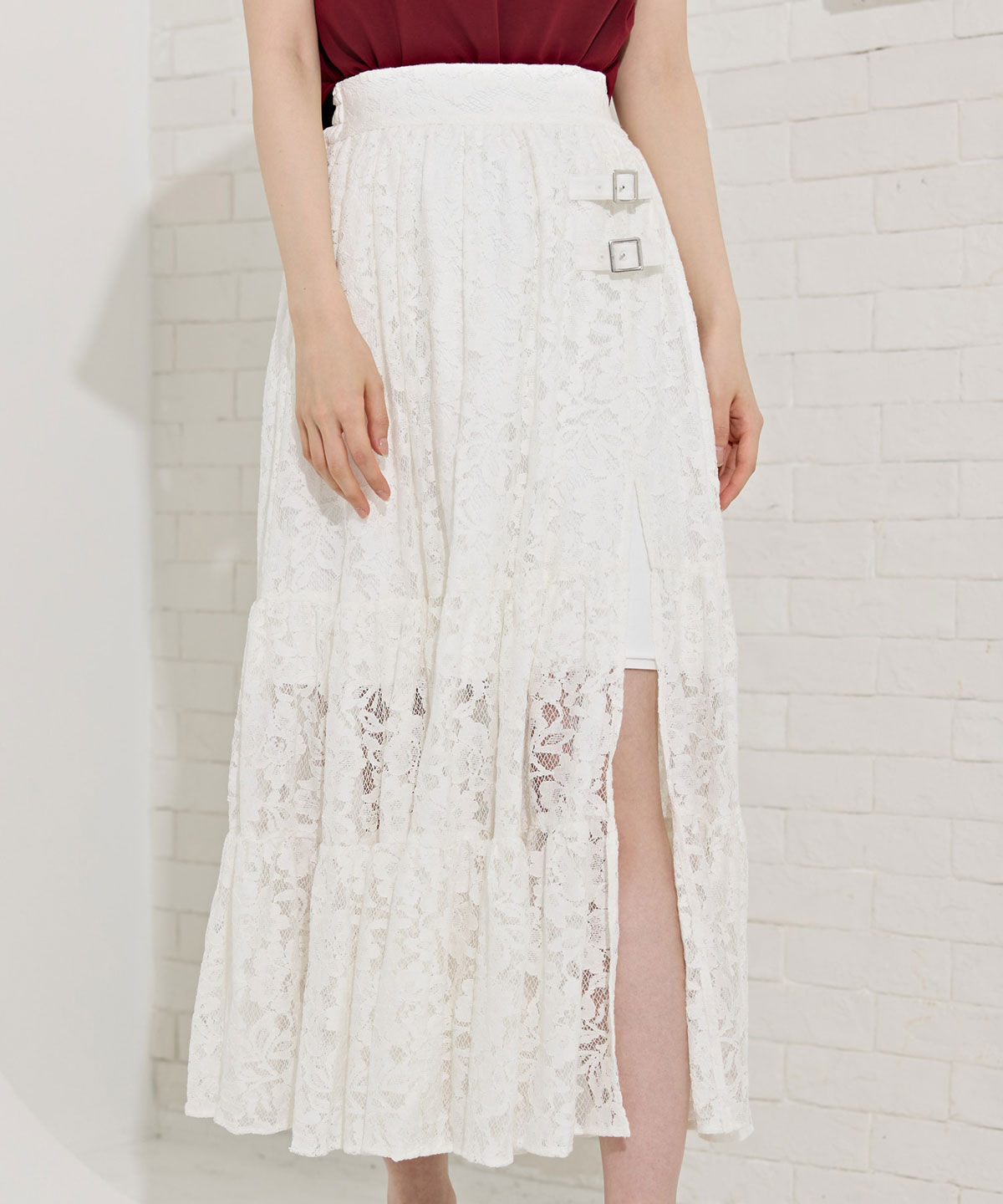 REDYAZEL「ダブルベルトティアードレーススカート」|フレア|オフ