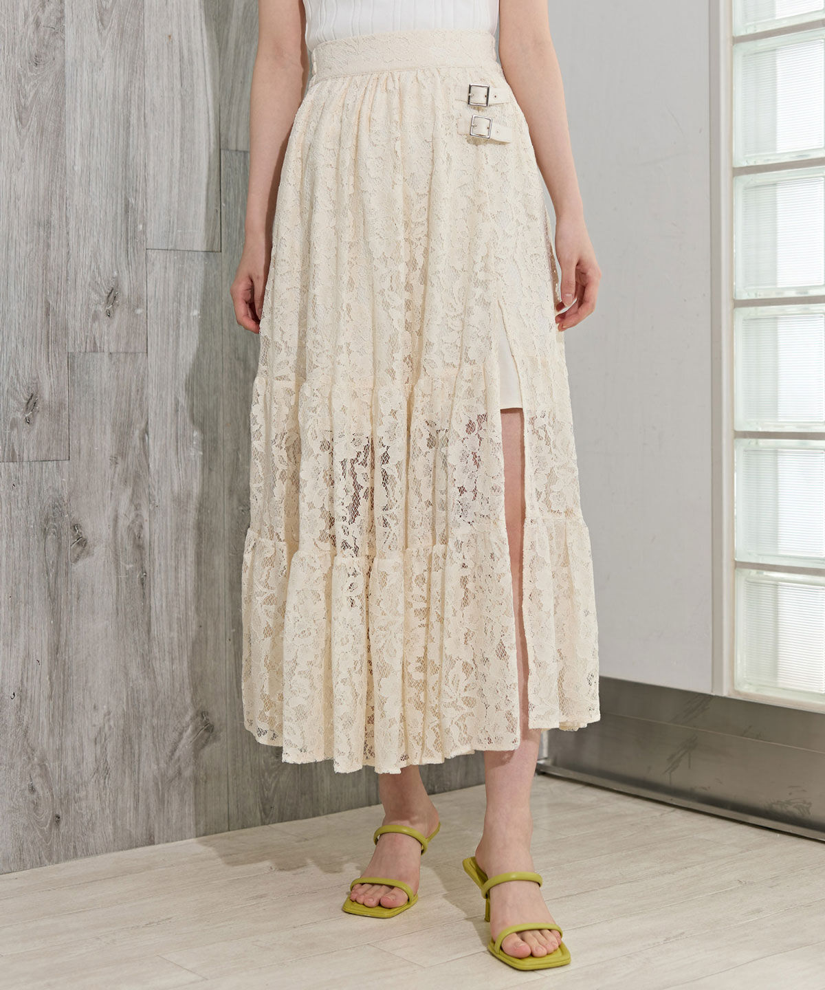 REDYAZEL「ダブルベルトティアードレーススカート」|フレア|