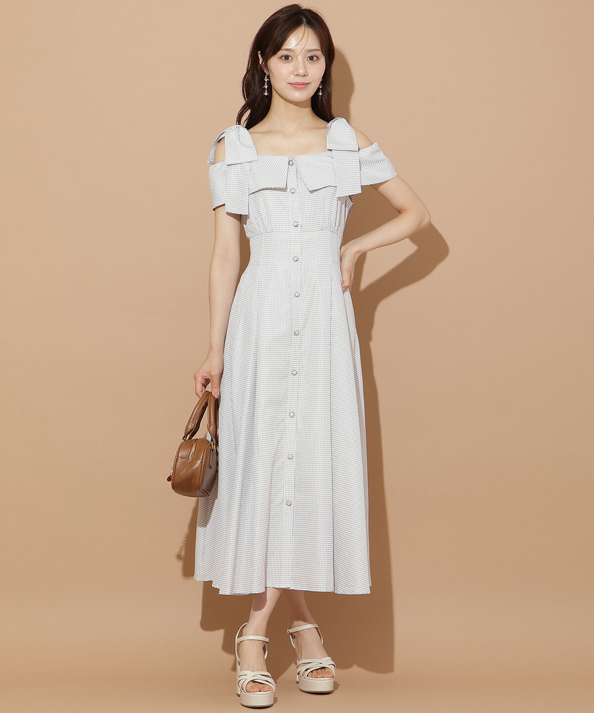 WILLSELECTION「リボンストラップオフショルシャツワンピース」|ワンピース|ｸﾞﾚｰ系ﾁｪｯｸ