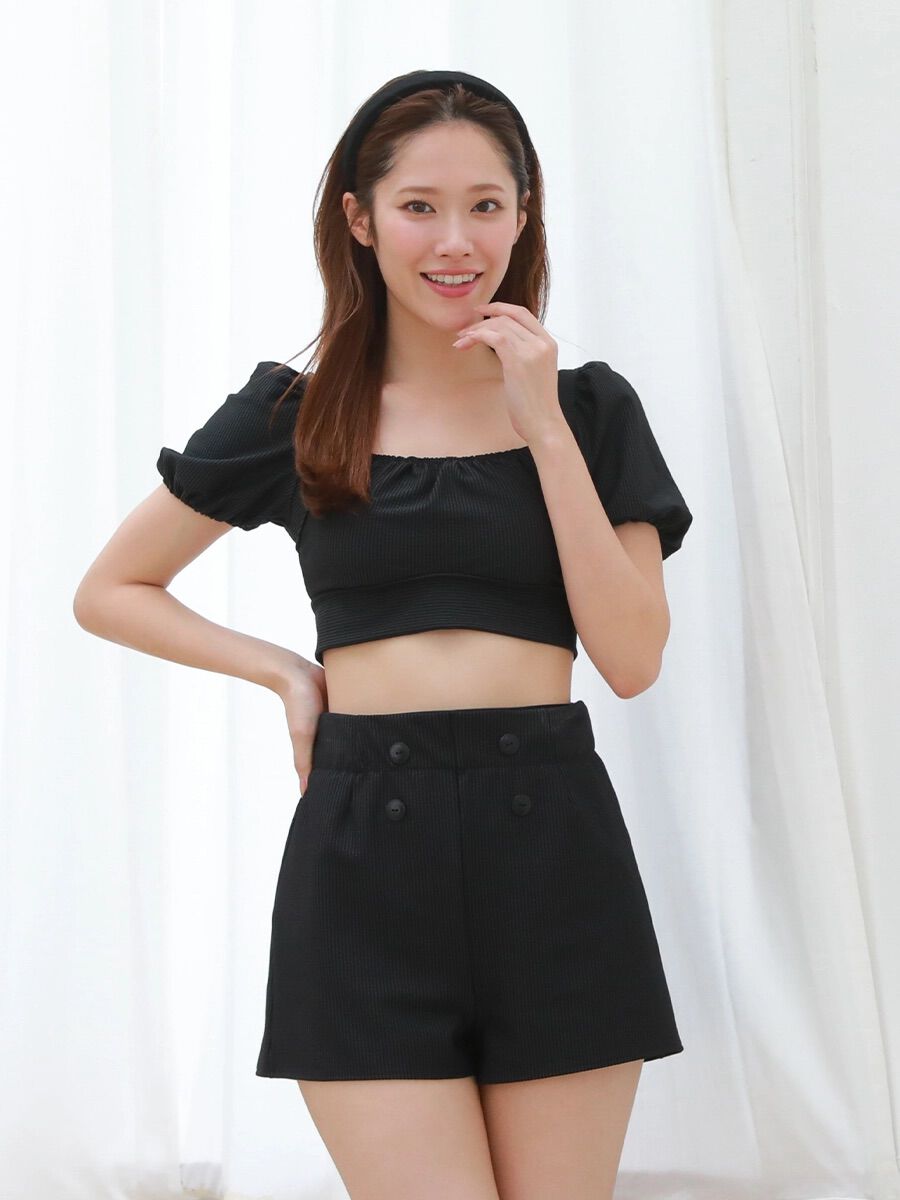 PEAK&PINE「無地ボタン付きAラインハイウエストショートパンツ」|その他|ブラック