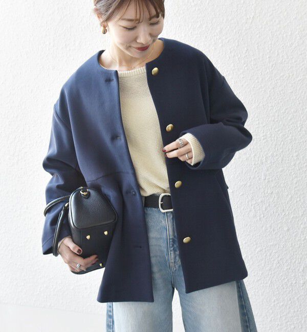 SHIPS any「SHIPS any:〈洗濯機可能〉ダブルジャージー バック フリル ノーカラー ジャケット」|ノーカラージャケット|ネイビー