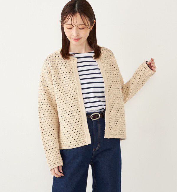 SHIPS Colors 「SHIPS Colors:〈手洗い可能〉柄編み ノーカラー ニット ジャケット」|カーディガン|