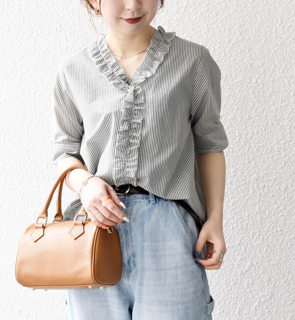 SHIPS any「SHIPS any:〈手洗い可能〉ストライプ フリル Vネック ハーフスリーブ ブラウス」|シャツ・ブラウス|オリーブ