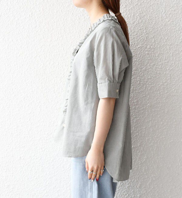 SHIPS any「SHIPS any:〈手洗い可能〉ストライプ フリル Vネック ハーフスリーブ ブラウス」|シャツ・ブラウス|