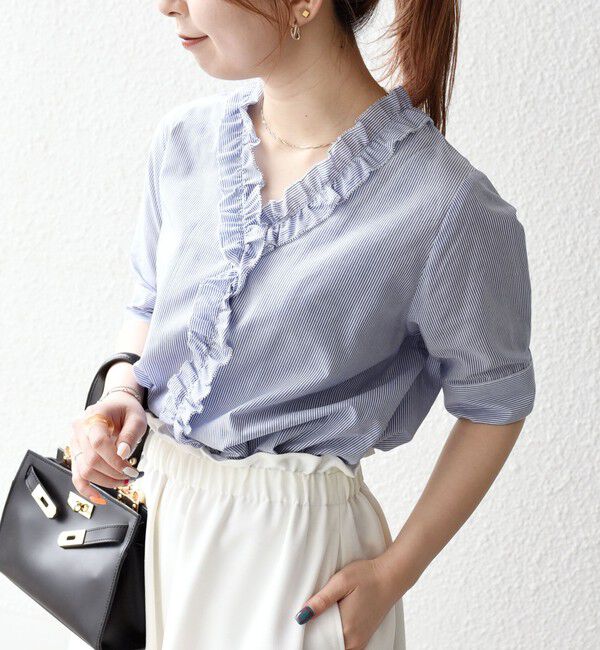 SHIPS any「SHIPS any:〈手洗い可能〉ストライプ フリル Vネック ハーフスリーブ ブラウス」|シャツ・ブラウス|