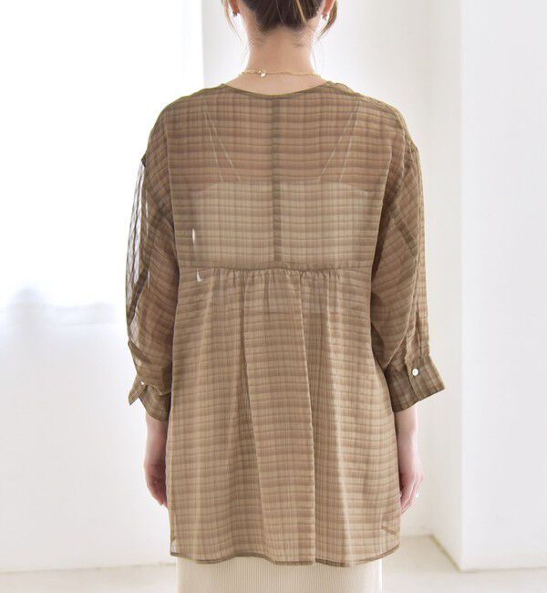 quaranciel「quaranciel:〈手洗い可能〉シアー チェック ノーカラー ハーフスリーブ ブラウス」|シャツ・ブラウス|