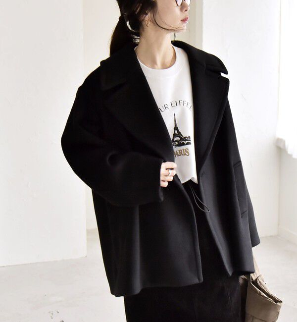 quaranciel「quaranciel: PURE WOOL ダブルブレスト テーラード ハーフ コート」|ピーコート|