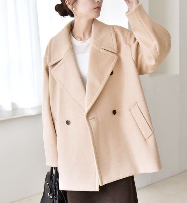 quaranciel「quaranciel: PURE WOOL ダブルブレスト テーラード ハーフ コート」|ピーコート|ベージュ